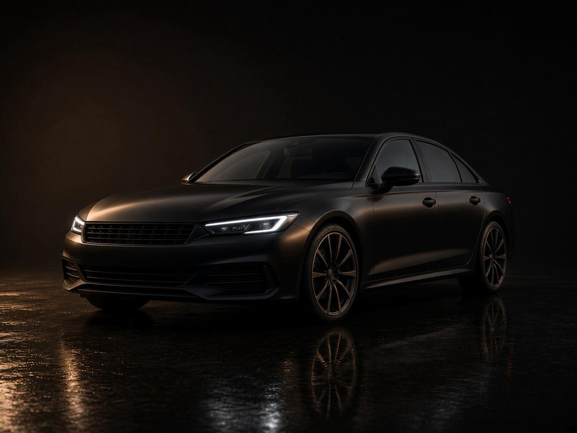 A dark unbranded sedan in bronze studio light, the kind of vehicle used for MEEGO trips.